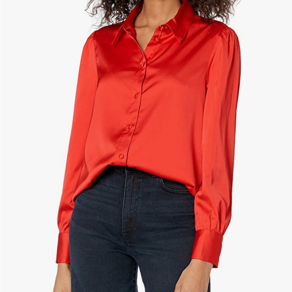 Red Long-Sleeve Button Down Stretch Satin Shirt